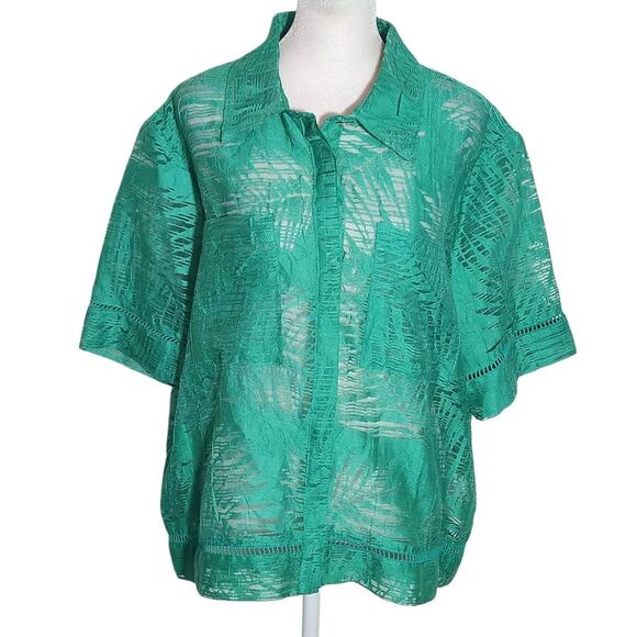 Ruby Rd. Jade Green Button Down Shirt Size 18 Sheer Green Blouse - Picture 1 of 9